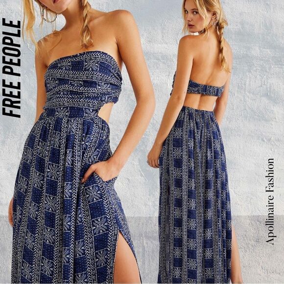 FREE PEOPLE PEYTON MAXI DRESS SIDE SLITS IN NAVY COMBO NWOT LARGE - Picture 1 of 8